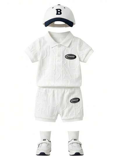 2 st/set för småbarnspojkar, casual, minimalistisk, mode, sportig stil, bokstavsmönster, pikékrage, halvslå, kortärmad t-shirt och shorts, set med spädbarns- och småbarnskläder, spädbarns- och småbarnskläder, spädbarns- och småbarnskläder, kortärmade shorts för spädbarn och småbarn, pikétröja för spädbarn och småbarn, set med babypojkar, grundläggande, mångsidig, trendig, casual, minimalistisk, universitetsstil, 6M-3T