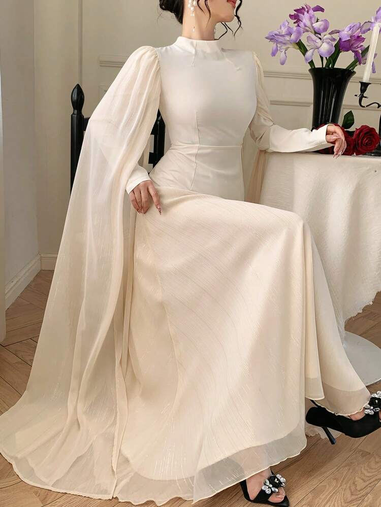 Women's Elegant Dress With Mandarin Collar And Chiffon Patchwork, Suitable For Formal Events Maxi Dress Sundress