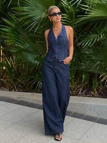 DAZY Women's V-Neck Sleeveless Denim Vest And Loose Straight Leg Denim Pants Casual Elegant Denim Suit - Dark Wash - View 5
