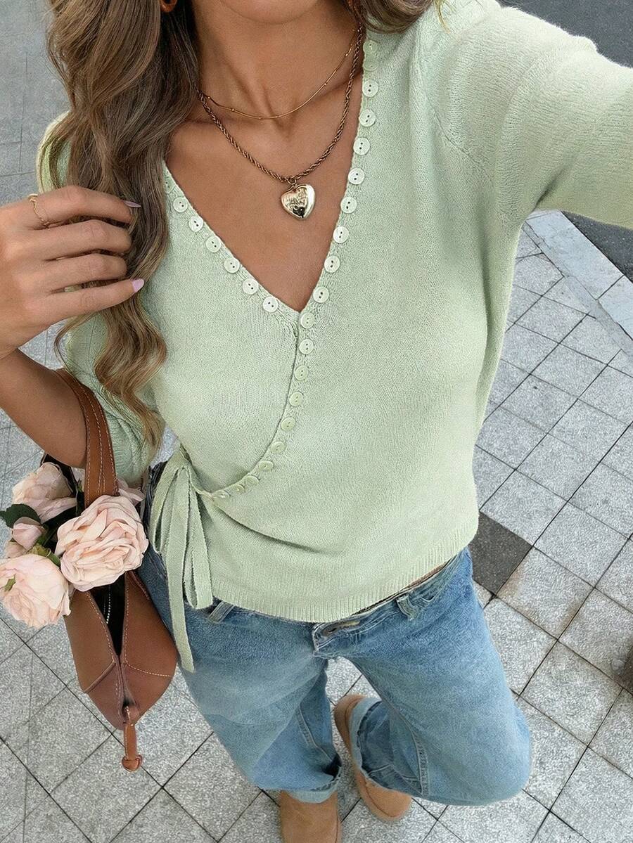 SHEIN LUNE Suéter de punto con botones decorativos y puños con lazo cruzado, de color verde claro, para uso casual y de oficina, para mujer - Verde - Ver 1