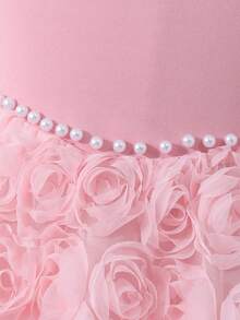 Đầm dệt kim tay phồng kiểu công chúa cho bé gái, cổ áo phối họa tiết, chân váy lưới hoa hồng 3D, thích hợp mặc thường ngày, dự tiệc, đi nghỉ mát, mùa hè. - Hồng - Xem 5