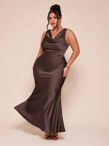 SHEIN BAE Elegant Sleeveless Satin Waist Cinched Dress - Coffee Brown - View 4