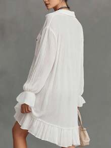 Balvessa New Arrival Spring/Summer Elegant & Comfortable Front Button Ruffle Hem Dress - White - View 2