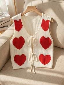 SHEIN Franclia 早春新款浪漫情人节可爱爱心图案休闲V领系带女士针织背心 - 彩色 - 查看 5