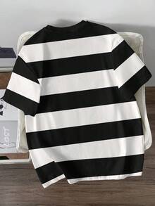 Manfinity Joysei Camiseta de manga corta casual de hombre con bloques de color, rayas y estampado de letras, para verano - Blanco y Negro - Ver 3