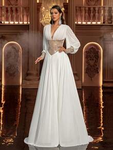 Glamrae 优雅简约弹力薄纱手工水晶长袖A字廓形婚纱，适合婚礼仪式、庆典、红毯、豪华招待会、户外森林海滩以及各种场合，例如新娘礼服、婚礼宾客礼服、正式礼服。 - 白色 - 查看 5