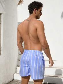 VIVINTIMO Men's Palm Tree & Striped Drawstring Waist Beach Shorts - Baby Blue - View 2