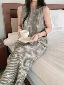 DAZY Women's Round Neck Sleeveless Striped Embroidered Vest And Loose Straight Leg Pants 2-Piece Set, Casual Vacation Style - Grey - View 6