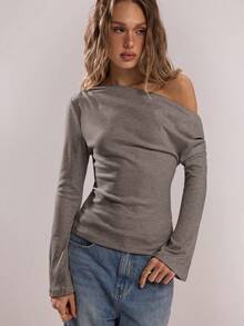 SHEIN BAE Women's Solid Color Minimalist Oblique Shoulder Casual Top - Brown - View 8