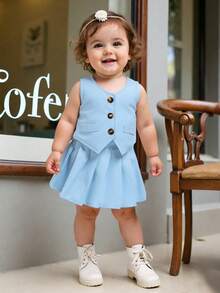 Elladie kids 2pcs/Set Baby Girls Summer Vest Top And Pleated Skirt Set - Blue - View 1
