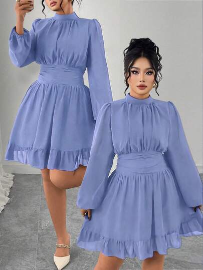 Elenzga Plus Size Women's Elegant Party Navy Blue Stand Collar Ruffle Trim Long Sleeve Fitted Midi Dress