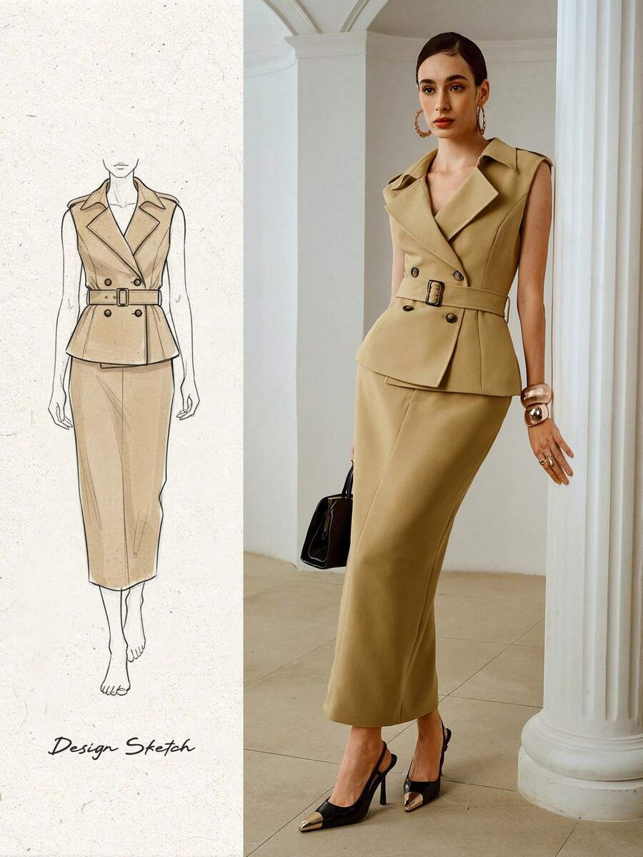 ZEYLAH 2 pièces : Veste coupe-vent sans manches élégante et jupe droite, style vintage, tenue de bureau classique et élégante, printemps/été - Kaki - Voir 1