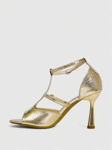 CUCCOO SZL 女士新款褶皱漆皮镂空露趾高跟凉鞋，金色 - 金色 - 查看 4