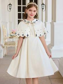 SHEIN Đầm công chúa không tay xếp ly eo, màu trơn thanh lịch dành cho bé gái, họa tiết in nổi, viền bèo nhún, kiểu dáng sang trọng. - Màu Khaki - Xem 6