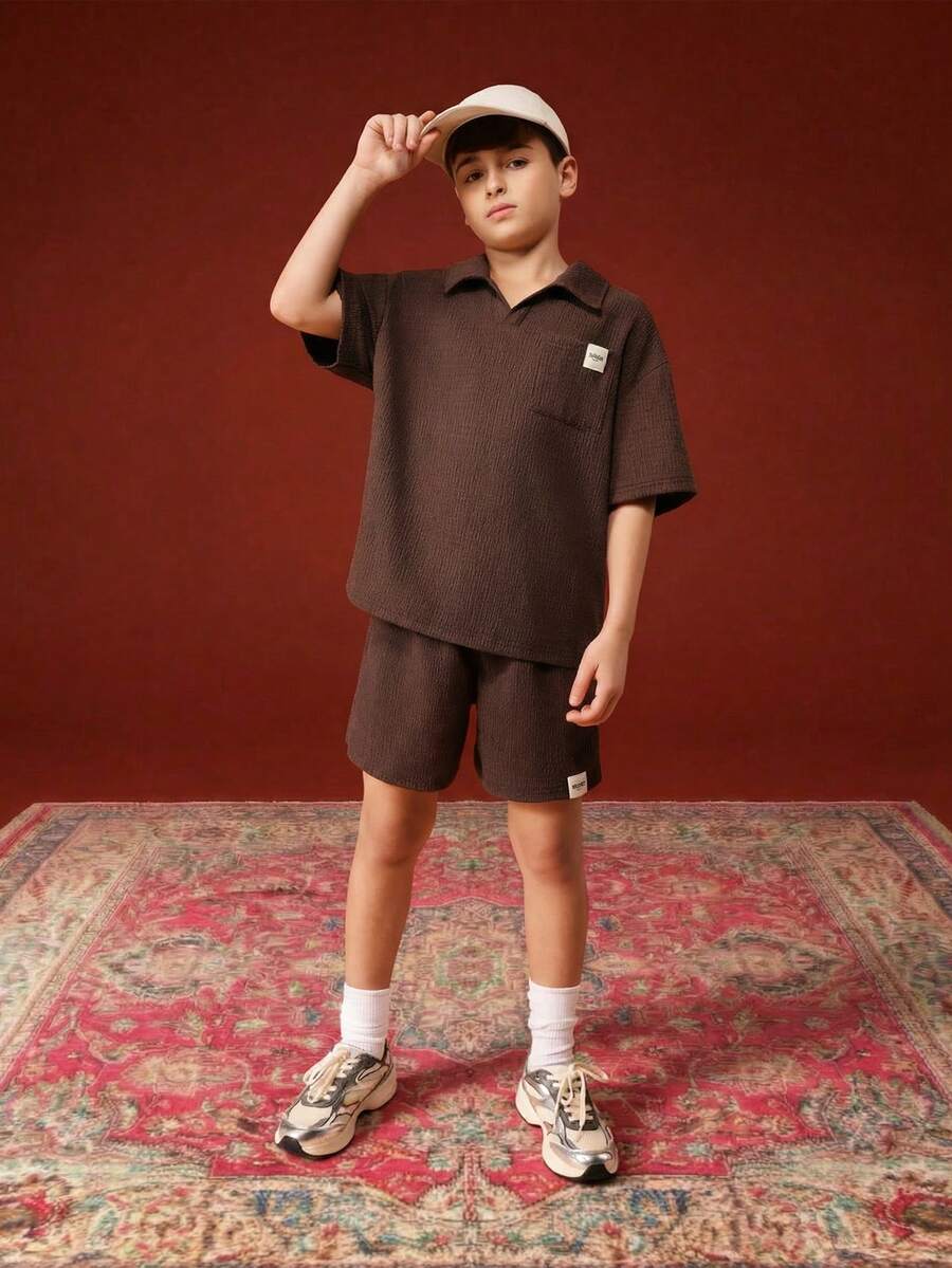 SUMWON Boys Textured Polo Shirt And Shorts Co-Ord Set With Chest Pocket Classic Collar Summer Casual Outfit - Coffee Brown - View 1