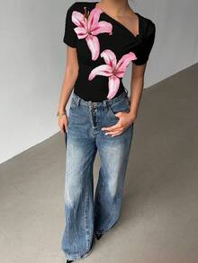 Siren Gaze Áo thun nữ tay ngắn dáng ôm, cổ lệch, nhún bèo, kiểu dáng thường ngày thanh lịch, thích hợp cho mùa hè. - màu đen - Xem 4