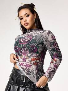 ROMWE Avant Plus Size Vintage Heart Rose Skull Flame Floral Mesh Allover Print Top - Purple - View 4