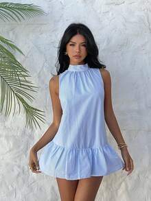 Aloruh 女士春夏新款蓝白条纹衬衫裙，迷你连衣裙，休闲街头风，性感连衣裙，女士度假装 - 藍白色 - 查看 5