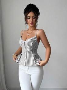 Elenzga Camiseta de algodón con rayas, botones y pliegues elásticos, estilo bohemio para vacaciones de primavera/verano - Negro - Ver 5