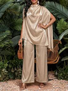 SHEIN Lady 女士度假纯色高领衬衫和阔腿裤时尚两件套 - 藕粉色 - 查看 3