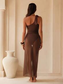 Swim Oasis Solid Color Wireless One-Piece Swimsuit With Cutout Side & Mesh Skirt Set, Beach Holiday Vacation - Coffee Brown - View 3