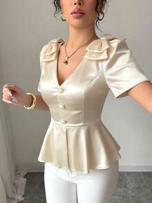 Elenzga New Women's V-Neck Bow Design Front Opening Apricot Twill Fabric Elegant Refined Young Versatile Slimming Office Lady Shirt - Apricot - View 7