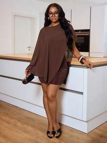 Veslaya Women's Plus Size 2-Piece Brown Summer Elegant Dress Set,Loose Chiffon Shawl Top With Asymmetric Hem & Shiny Bodycon Mini Dress,Night Out Club Party - Coffee Brown - View 6