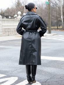 Melissa Matos Women's Fashionable Double-Breasted PU Trench Coat, Autumn - Black - View 2