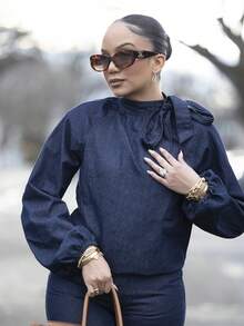 Melissa Matos Women's Summer Tie Front Long Sleeve Top And Casual Denim Pants Set - Blue - View 3