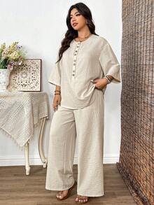 EMERY ROSE Plus Size Linen-Like Texture Round Neck 3/4 Sleeve Loose Shirt + Elastic Waist Straight Leg Loose Pants 2 Pieces Set, Casual Commute Elegant Outgoing Holiday Party Outfit - Apricot - View 5
