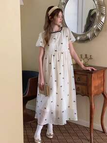 DAZY Teen Girls' Casual Vacation Style Full Butterfly Embroidery Puff Sleeve Waist Cinched Mini Dress, Summer - Apricot - View 6