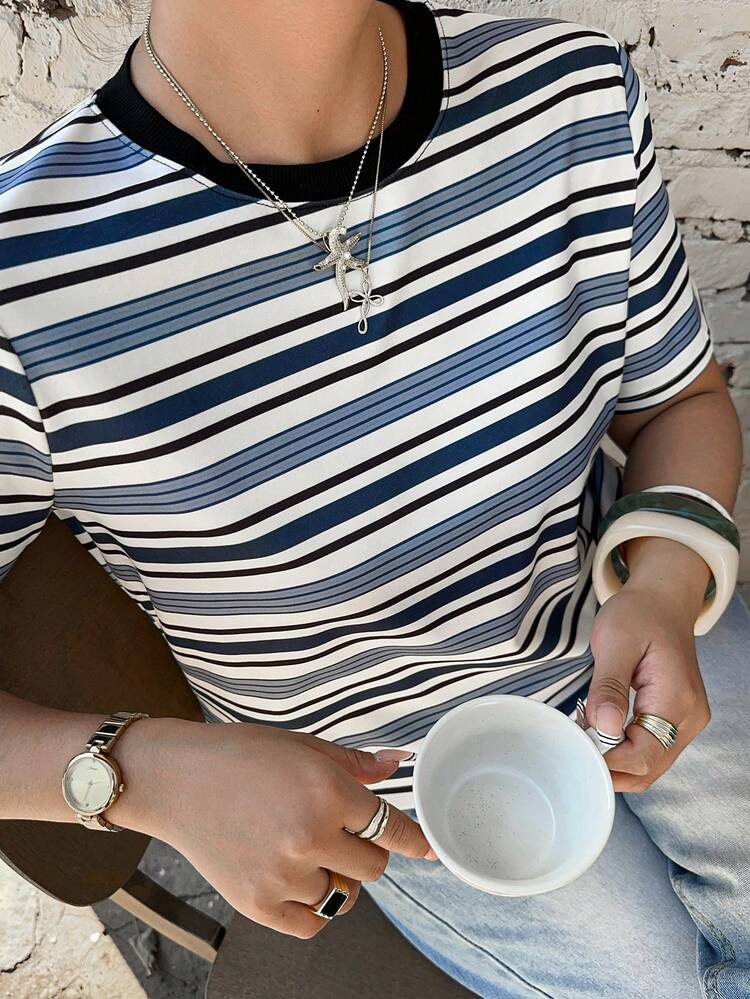 Dazy Plus Color Block Patchwork Round Neck Striped Short Sleeve Street Style Plus Size T-Shirt For Women, Spring/Summer