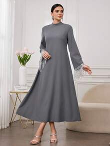 Al Najma Rochie elegantă de damă cu ciucuri și mărgele, culoare solidă, talie lungă - Gri - Vizualizare 7