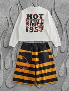 SHEIN HOT STUFF Men's Casual Letter Graphic Round Neck Long Sleeve T-Shirt And Striped Shorts Set - White - View 2