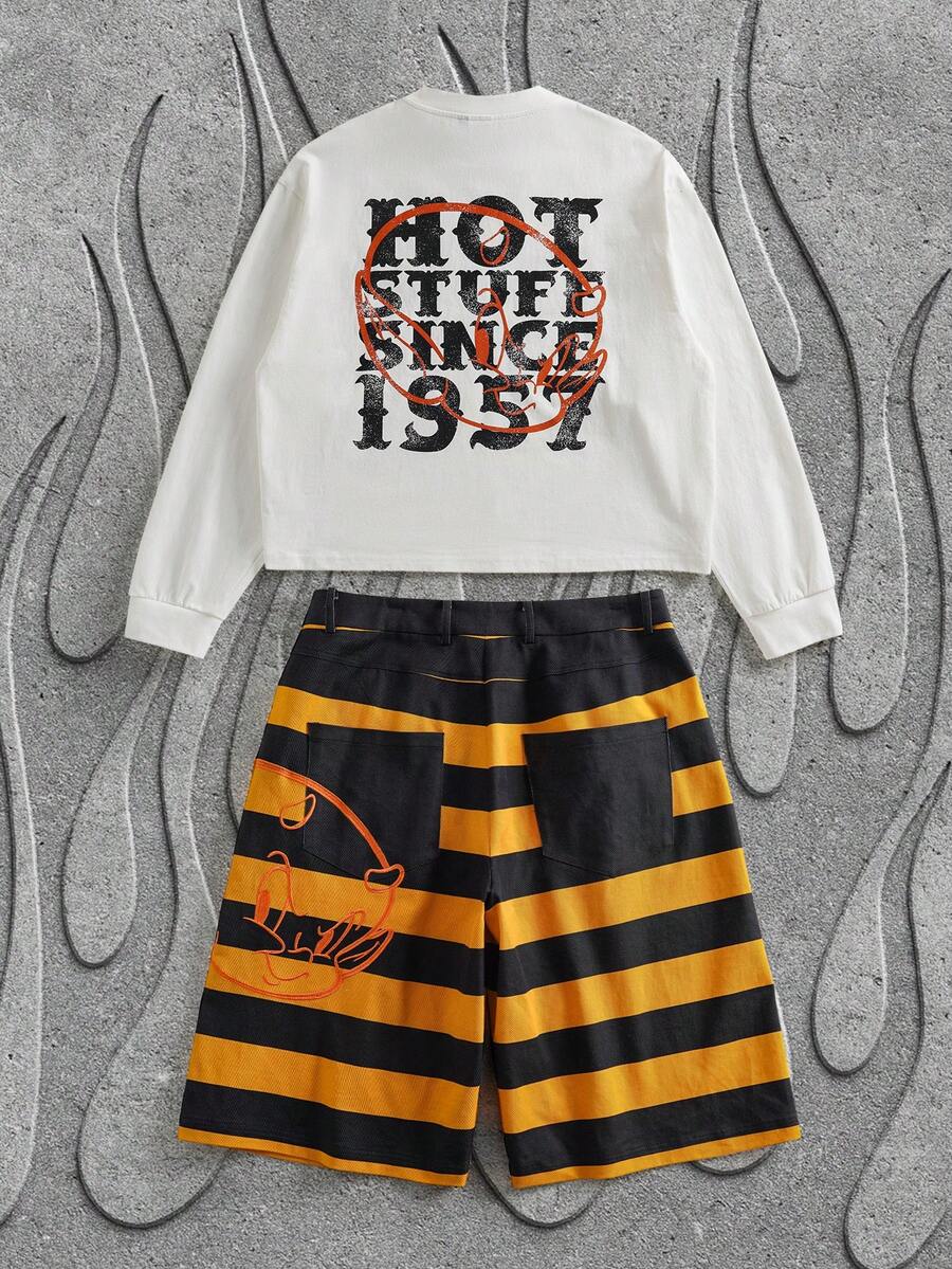 SHEIN HOT STUFF Men's Casual Letter Graphic Round Neck Long Sleeve T-Shirt And Striped Shorts Set - White - View 1