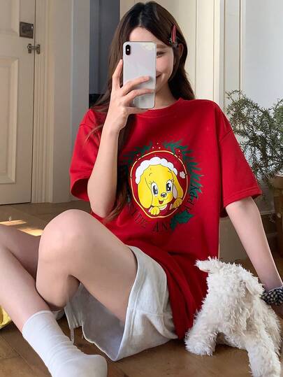 DAZY 可爱圣诞卡通狗印花女士睡衣套装