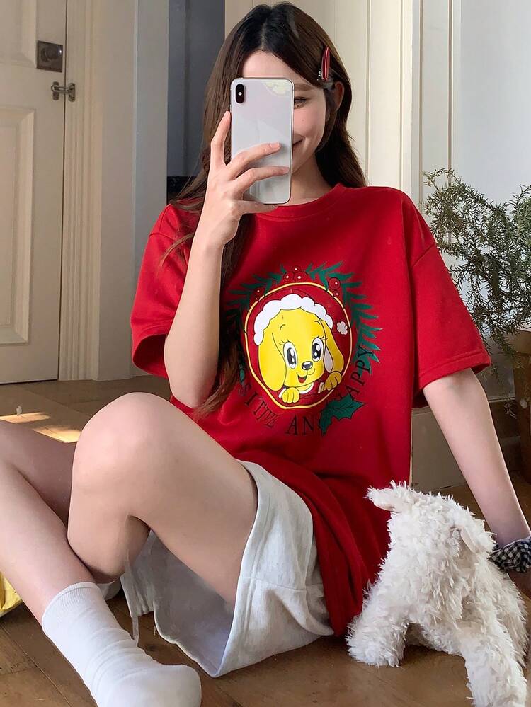 Cute Christmas Style Cartoon Dog Print Women Pajama Set
