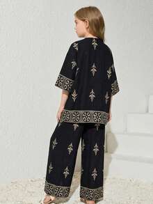 SHEIN Tween Girl Vacation Style Embroidered Open Front Top & Wide Leg Pants Set, Spring/Summer/Autumn - Black - View 2