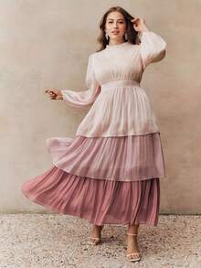 Anewsta 大码女式立领仿珍珠装饰蕾丝拼接荷叶边下摆优雅派对灯笼袖连衣裙 - 藕粉色 - 查看 7