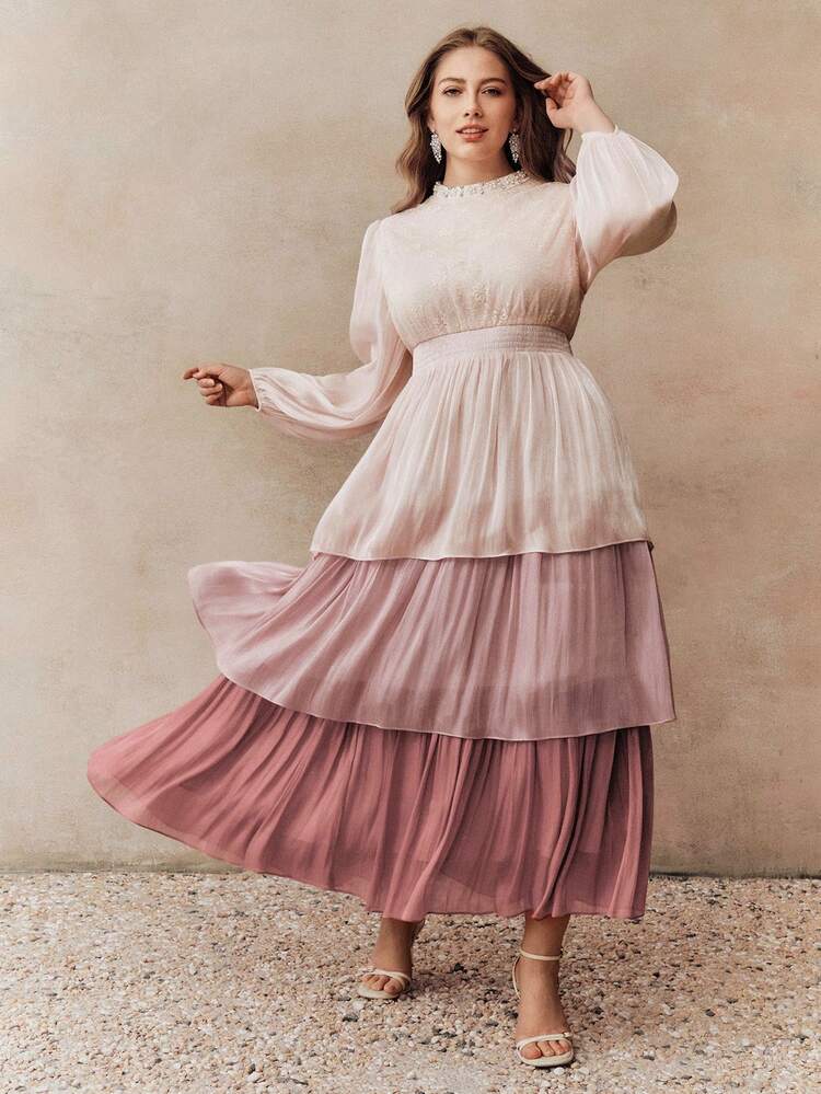 Plus Size Women's Stand Collar Faux Pearl Decor Lace Patchwork Ruffle Hem Elegant Party Lantern Sleeve Dress