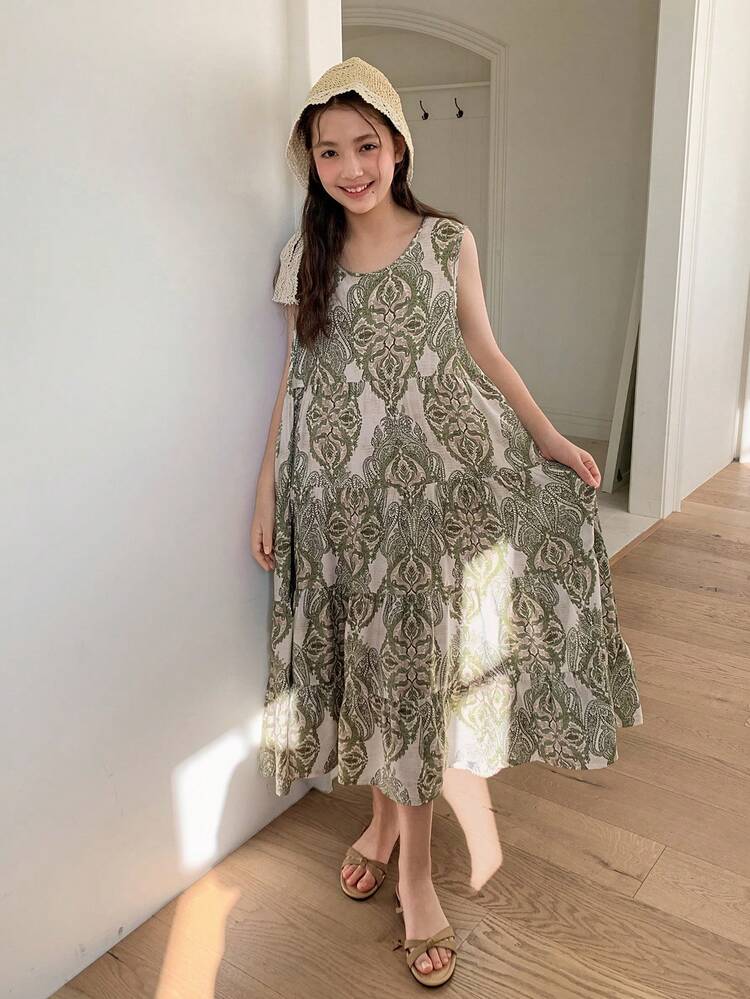 Tween Girl Round Neck Sleeveless Casual Retro Versatile Dress Summer