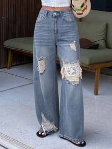 DAZY Women's Regular Waist Ripped Lace Patchwork Loose Straight Leg Jeans, Casual Street Style - Light Wash - View 1