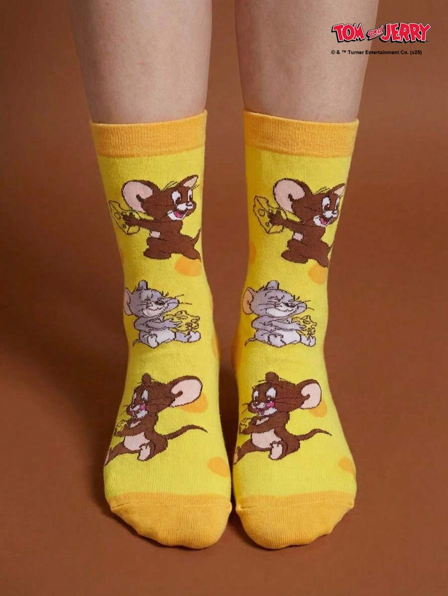 TOM & JERRY X Joivida 1双猫鼠图案男女通用中筒袜，吸汗透气。 - 黃色 - 查看 1