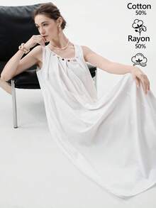 Aalyst Women's Solid Color Round Neck Beaded Pleated Casual Vacation Date Dress - White - View 6