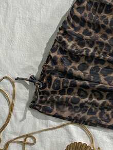 少女比基尼套装，三件套，豹纹针织泳衣搭配罩裙，时尚优雅休闲，适合游泳、度假、夏季穿着。少女夏季服装，少女泳装套装，儿童两件式泳衣，儿童泳装套装，儿童游泳服，儿童沙滩装，夏季假期 - 彩色 - 查看 4