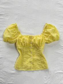 Flirla Women's Yellow Hollow Embroidered Square Collar Puff Sleeve Cinched Waist Button-Up Shirt,Sweet Boho Casual Summer Holiday Picnic Beach Short Top - Yellow - View 3
