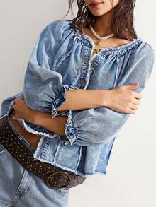 Bohemela Women's Casual Fashionable Street Snap Collar Ruffle Sleeve Raw Edge Loose Denim Blouse, Summer - Light Wash - View 6