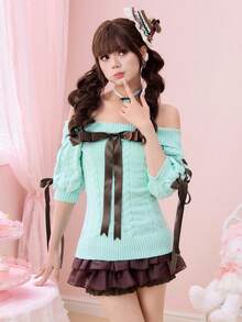 ROMWE Kawaii Cute One-Shoulder Bow Tie Fitted Women Sweater - Mint Blue - View 7
