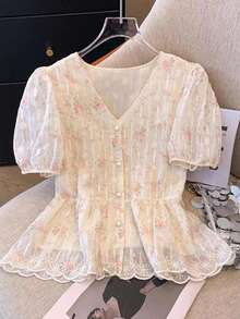 SHEIN 孕妇休闲V领短袖印花衬衫，夏季度假，夏季 - 杏色 - 查看 8