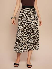 Franclia Leopard Print Pleated A-Line Casual Versatile Mini Skirt Maxi Women Outfit - Light Grey - View 4